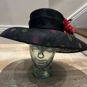 Kentucky Derby Hat. Black polka dot base with orange and pink design.